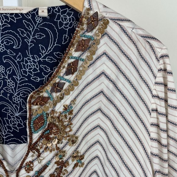 Womens Soft Surroundings Tangier Tunic Top Chevron Stripe Beaded Neck Medium - Picture 3 of 7